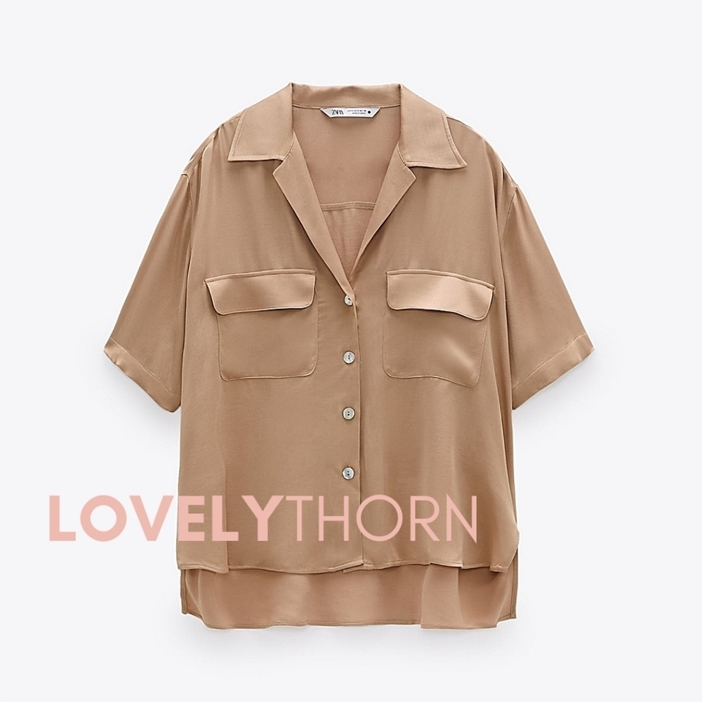 ZARA // satin effect button down short sleeve relaxed pocket top